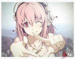  finger_frame headphones long_hair looking_at_viewer nitroplus one_eye_closed pink_eyes pink_hair shima_udon smile solo super_sonico 