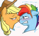  applejack_(mlp) blonde_hair blush chicasonic cowboy_hat crossgender english_text equine female feral freckles friendship_is_magic green_eyes hair hat horse licking mammal multi-colored_hair my_little_pony nervous plain_background pony purple_eyes rainbow_dash_(mlp) rainbow_hair sweat text tongue white_background 