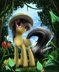  black_hair cloud clouds daring_do_(mlp) equine female feral flower friendship_is_magic fur grass hair hat horse mammal my_little_pony outside pegasus pony purple_eyes sky solo tree tyruas wings yellow_feathers yellow_fur 