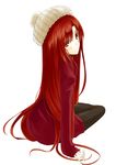  beanie black_legwear blush from_behind hat kauto kushia_microphylla long_hair looking_at_viewer looking_back original pantyhose red_eyes red_hair red_sweater ribbed_sweater simple_background sitting sleeves_past_wrists solo sweater very_long_hair white_background yokozuwari 
