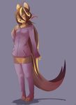  anthro breasts canine clothed clothing dog ear_piercing female hair long_hair looking_at_viewer mammal piercing plain_background red_eyes rudragon solo standing 