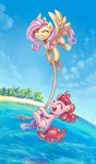  beach cloud clouds cutie_mark duo equine eyes_closed female feral fluttershy_(mlp) flying friendship_is_magic fur hair horse karol_pawlinski mammal my_little_pony outside pegasus pink_fur pink_hair pinkie_pie_(mlp) pony rope sand seaside sky smile tree water wings yellow_feathers yellow_fur 