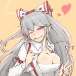  blush_stickers bow breasts cigarette cleavage colorized cube85 fujiwara_no_mokou grey_hair grin hair_bow heart large_breasts long_hair looking_at_viewer one_eye_closed open_clothes open_shirt red_eyes sarashi shirt simple_background smile solo suspenders touhou v 