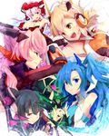  akatsuki_kirika bare_shoulders bodysuit kazanari_tsubasa long_hair maria_cadenzavna_eve multiple_girls purple_eyes purple_hair senki_zesshou_symphogear tachibana_hibiki_(symphogear) tsukuyomi_shirabe twintails yude yukine_chris 