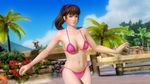  1girl 3d alternate_hairstyle beach bikini blue_eyes breasts brown_hair dead_or_alive dead_or_alive_5 hitomi hitomi_(doa) large_breasts long_hair ocean official_art ponytail solo swimsuit tecmo 