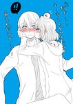  1girl beelzebub_(manga) blush cheek_kiss closed_eyes furuichi_takayuki hood hoodie kiss labcoat lamia_(beelzebub) monochrome ninomae_gin translation_request 