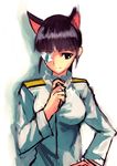  animal_ears bad_id bad_pixiv_id black_eyes black_hair dog_ears extra_ears eyepatch long_hair long_sleeves military military_uniform posidoc sakamoto_mio sketch solo strike_witches uniform white_background world_witches_series 