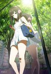  absurdres bag black_hair blue_eyes cellphone chikaoka_sunao dress floral_print headphones highres kneepits legs long_hair looking_down megami non-web_source official_art phone reflection scan school_bag shimada_mayu solo sundress sunlight tree wake_up_girls! 