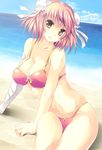  bandages beach bikini blue_sky breasts brown_eyes bun_cover cleavage cloud collarbone day double_bun flower head_tilt ibaraki_kasen large_breasts looking_at_viewer maki_(seventh_heaven_maxion) ocean outdoors pink_bikini pink_flower pink_hair pink_rose rose short_hair sitting sky smile solo swimsuit touhou 