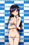  adjusting_hair bikini breasts cleavage derivative_work heart heart-shaped_pupils highres kakumeiki_valvrave lowleg lowleg_bikini medium_breasts micro_bikini rukino_saki sofmap sofmap_background solo step_and_repeat swimsuit symbol-shaped_pupils third-party_edit white_bikini 