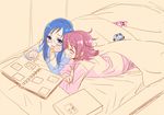  :d ^_^ aida_mana alternate_hairstyle bed bed_sheet blue_eyes blue_hair blush blush_stickers book bow chin_rest clenched_hand closed_eyes couple dokidoki!_precure flipped_hair glasses grin hair_down happy hishikawa_rikka indoors long_hair long_sleeves lying multiple_girls on_stomach ooshima_tomo open_book open_mouth pajamas partially_colored photo_(object) photo_album pointing precure purple_hair rakeru_(dokidoki!_precure) sharuru_(dokidoki!_precure) shirt short_hair sketch sleeping smile under_covers yuri 