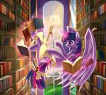  aurarrius book bookshelf cutie_mark equine female feral flying friendship_is_magic fur glowing hair horn horse inside levitation library magic mammal mountain my_little_pony purple_eyes purple_fur reading scroll twilight_sparkle_(mlp) two_tone_hair window winged_unicorn wings 