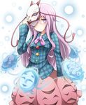  bow bubble_skirt creta_(taku10) expressionless fox_mask hata_no_kokoro long_hair long_sleeves mask noh_mask oni_mask plaid plaid_shirt purple_eyes purple_hair shirt skirt solo touhou 