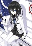  bench black_hair blazer blue_eyes hair_ornament hairclip headphones headphones_around_neck highres jacket kauto long_hair original pleated_skirt sitting skirt solo thighhighs trash_can vending_machine white_legwear zettai_ryouiki 