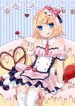  :q arm_support bare_shoulders blonde_hair blue_eyes blush dress food food_on_face fork frills fruit hair_ornament hair_ribbon hairclip kagamine_rin nail_polish necktie ribbon short_hair sitting smile solo strawberry thighhighs tongue tongue_out vocaloid white_legwear yayoi_(egoistic_realism) 