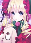  bad_id bad_pixiv_id blonde_hair blue_eyes blush bonnet dress drill_hair flower frills kunkun long_hair looking_at_viewer matsuryuu rozen_maiden shinku solo stuffed_animal stuffed_dog stuffed_toy twin_drills twintails 