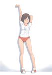  akinbo_(hyouka_fuyou) arm_grab arm_up blush breasts brown_eyes brown_hair buruma full_body gym_uniform highres looking_at_viewer original short_hair small_breasts smile solo stretch 