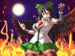  :d adapted_costume black_hair black_legwear bow breasts elbow_gloves fingerless_gloves fire gloves hair_bow index_finger_raised large_breasts long_hair mimuni362 open_mouth pink_eyes reiuji_utsuho single_elbow_glove skirt smile solo thighhighs touhou v-shaped_eyebrows wings 