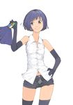  98-tan akinbo_(hyouka_fuyou) bare_shoulders belt black_legwear blue_hair bob_cut brown_eyes elbow_gloves gloves hand_on_hip highres navel os-tan short_hair shorts solo thigh_gap thighhighs 