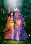 2girls absurdres animal_ears arm_holding artist_name bamboo bamboo_forest blue_eyes blush brown_eyes dated floral_print flower forest fox_ears fox_tail friends hair_flower hair_ornament highres holding japanese_clothes kimono kitsune lantern long_hair long_sleeves looking_at_another looking_at_viewer multiple_girls nature open_mouth original purple_hair smile tail tsubasa_tsubasa very_long_hair wide_sleeves 