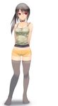  amano_tsubaki black_hair bra_strap breasts camouflage camouflage_tank_top choker cleavage highres long_hair medium_breasts no_shoes onibi_(foxhound4185) original ponytail red_eyes short_shorts shorts skindentation smile solo tank_top thighhighs 