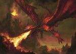  claws cloud clouds dragon feral fire flying hellkite_overlord horn justin_sweet low_res magic_the_gathering mountain nude open_mouth paws red_body red_scales scalie sharp_teeth smoke solo spikes spread_wings teeth wings wizards_of_the_coast 