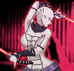  asajj_ventress bald belt black_lipstick black_nails bodysuit breasts covered_navel dual_wielding energy_sword fighting_stance holding jeibii large_breasts lightsaber lipstick makeup nail_polish no_pupils pinky_out solo star_wars star_wars:_the_clone_wars sword weapon 