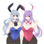  alternate_breast_size animal_ears between_breasts blue_leotard breasts bunny bunny_ears bunny_girl bunny_tail bunnysuit eyepatch hand_up infinite_stratos large_breasts laura_bodewig leotard long_hair looking_at_viewer multiple_girls nashi_(4chan) open_mouth pantyhose purple_hair red_eyes red_leotard reisen_udongein_inaba ribbon silver_hair simple_background smile standing tail touhou 