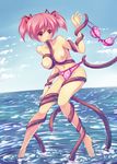  assisted_exposure barefoot bikini bikini_pull bikini_top_removed blue_sky blush bra breast_grab breasts colorized day frilled_bikini frills grabbing hair_ribbon highres kaname_madoka large_breasts legs long_legs mahou_shoujo_madoka_magica maullarmaullar nipples ocean panties panty_lift pink_eyes pink_hair polka_dot polka_dot_bikini polka_dot_swimsuit pulled_by_another restrained ribbon short_twintails sky solo_focus sweatdrop swimsuit tentacles thighs topless twintails underwear underwear_only undressing wet 