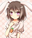  animal_ears argyle argyle_background black_hair blush bunny_ears carrot carrot_necklace collar_tug collarbone dress inaba_tewi jewelry kuroganeruto looking_at_viewer necklace pendant pink_dress pink_eyes puffy_sleeves short_sleeves solo touhou upper_body 