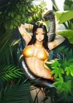  absurdres anaconda armband armpits arms_up bikini black_hair bracelet breasts brown_eyes circlet elf gloves highres jewelry jungle large_breasts leaf long_hair nature navel necklace original pointy_ears silvester single_glove snake solo swimsuit 
