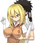  1boy 1girl arms_up bad_id bad_pixiv_id between_breasts black_hair blonde_hair breast_grab breasts chain controller gloves grabbing hair_between_eyes impossible_clothes kamijou_touma large_breasts long_hair looking_down nosuku remote_control school_uniform shirt shokuhou_misaki short_sleeves simple_background smirk solo_focus spider_web_print spiked_hair strap_cleavage sweater_vest symbol-shaped_pupils to_aru_kagaku_no_railgun to_aru_majutsu_no_index v-neck white_background white_gloves yellow_eyes 