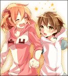  1girl :d :o ^_^ amamiya_hibiya bad_id bad_pixiv_id blonde_hair blush brown_eyes brown_hair closed_eyes holding_hands hood hoodie kagerou_project kisaragi_momo open_mouth otsukimi_recital_(vocaloid) short_hair side_ponytail sleeveless sleeveless_hoodie smile yamori_shiki 