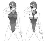  arm_up breasts breasts_outside competition_swimsuit covered_navel dripping greyscale hand_on_forehead large_breasts monochrome nipples nora_higuma one-piece_swimsuit original ponytail solo swimsuit wet wet_clothes 