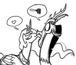  antler antlers black_and_white crown discord_(mlp) draconequus equine female feral friendship_is_magic horn horse kissing male mammal mickeymonster monochrome my_little_pony plain_background pony princess_celestia_(mlp) white_background winged_unicorn wings 