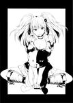  bad_id bad_pixiv_id breasts cleavage danganronpa danganronpa_1 enoshima_junko greyscale hair_ornament kodai_heiki large_breasts long_hair monochrome monokuma school_uniform sitting skirt sleeves_rolled_up smile spoilers twintails 