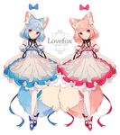  animal_ears bare_shoulders blue_hair bow choker detached_sleeves dress english fox_ears fox_tail multiple_girls original pantyhose pink_hair red_eyes ribbon ribbon_choker short_hair skirt_hold smile tail welchino white_legwear 