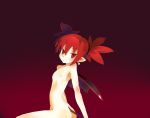  2016 butt demon disgaea ear_piercing elakan etna female flat_chested hair hi_res humanoid looking_at_viewer mammal membranous_wings nipples not_furry nude open_mouth piercing pointy_ears red_background red_eyes red_hair short_hair simple_background skull_earrings solo video_games wings 