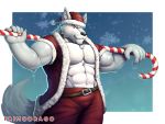  2018 abs anthro biceps canine christmas clothed clothing digital_media_(artwork) fur hair hat hi_res holidays male mammal muscular muscular_male pecs primodrago santa_hat simple_background wolf 