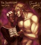  blonde_hair dark_skin dark_skinned_male dio_brando dmr-elk enrico_pucci highres jojo_no_kimyou_na_bouken male_focus multiple_boys shirtless white_hair yaoi younger 