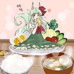  bowl eating ex-keine food green_hair heart horn_ribbon horns kamishirasawa_keine komaku_juushoku long_hair minigirl on_table plate red_eyes ribbon rice_bowl solo table tail touhou 