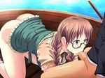  1girl all_fours amano_mitsurugi ass blush boat braid brown_eyes brown_hair censored fellatio game_cg glasses highres legs long_hair no_panties okamoto_riko oral penis sitting sweat thighs twin_braids twintails water yarasete!_teacher_gakuen_ryokou?:_yaratea_ga_gakuen_wo_tobidashita!? 