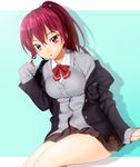  blazer cardigan free! hair_ribbon jacket long_hair matsuoka_gou off_shoulder onsoku_maru open_mouth pleated_skirt ponytail red_eyes red_hair ribbon school_uniform simple_background skirt solo 