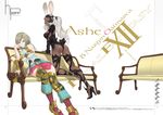  2girls animal_ears armor ashelia_b'nargin_dalmasca ass bare_shoulders belt blue_eyes brown_eyes brown_hair bunny_ears character_name copyright_name dark_skin final_fantasy final_fantasy_xii fran high_heels legs long_legs looking_at_viewer looking_back midriff miniskirt multiple_girls naughty_face navel shiitake_urimo shoes skirt thighs viera white_hair 