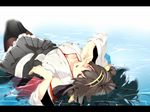 black_legwear boots breasts brown_hair cleavage commentary_request detached_sleeves hair_ornament headgear hrk173 japanese_clothes kantai_collection kongou_(kantai_collection) letterboxed long_hair lying medium_breasts on_back open_mouth partially_submerged skirt solo thighhighs upside-down water wide_sleeves wince 