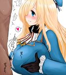  1girl atago_(kantai_collection) blonde_hair blue_eyes blue_hat blush breasts clothed_female_nude_male cum gloves han_(jackpot) hat heart hetero huge_breasts kantai_collection long_hair military military_uniform nude paizuri penis perpendicular_paizuri smile solo_focus spoken_heart uniform 