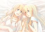  blonde_hair blue_eyes eyebrows fukutarou_(enji127) holding_hands k-on! kotobuki_tsumugi long_hair lying multiple_girls on_back on_side saitou_sumire smile thick_eyebrows 