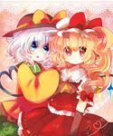  ascot azu_(kirara310) blonde_hair blouse blue_eyes border bow elbow_gloves flandre_scarlet gloves gradient gradient_background hand_on_another's_shoulder hat hat_ribbon head_to_head heart heart_of_string komeiji_koishi lace looking_at_viewer mob_cap multiple_girls open_mouth parted_lips puffy_short_sleeves puffy_sleeves red_eyes ribbon short_hair short_sleeves side_ponytail skirt skirt_set sleeves_past_wrists touhou white_hair wings 