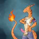  anthro balls biceps blue_eyes body_markings charizard clothing covertcanine erection fire looking_at_viewer male markings nintendo pants penis pok&#233;mon pok&eacute;mon shirt solo standing tank_top undressing video_games 