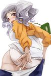  bag blush code-aa cosplay dressing highres hood hoodie idolmaster idolmaster_(classic) looking_at_viewer open_mouth pants_down purple_hair shijou_takane silver_hair simple_background solo takatsuki_yayoi takatsuki_yayoi_(cosplay) white_background 